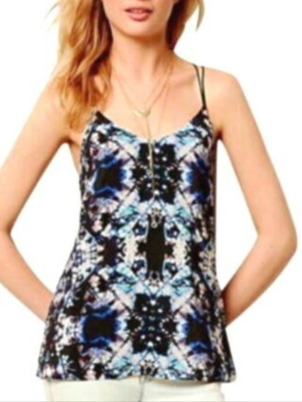 Aryn K 100% Silk Strappy Back Abstract Graphic Black & Blue Cami Top Size Small - Picture 2 of 10